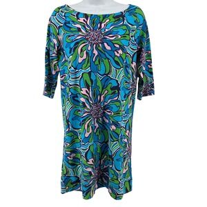 Lilly Pulitzer Cassie T-Shirt Dress Teal Blue Green Floral 3/4 Sleeve Size Small